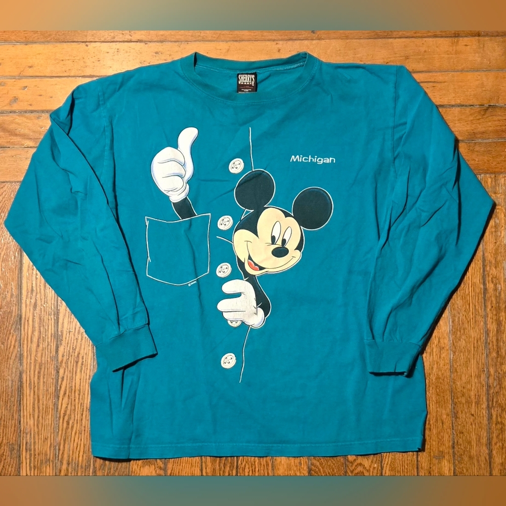 VTG 90s Mickey Mouse Michigan Teal Longsleeve XL